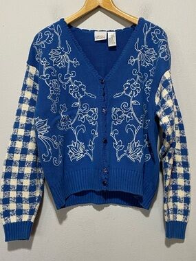 Vtg Liz Golf Cardigan Sweater Sz Large Women’s Blue Floral Gingham Cottagecore